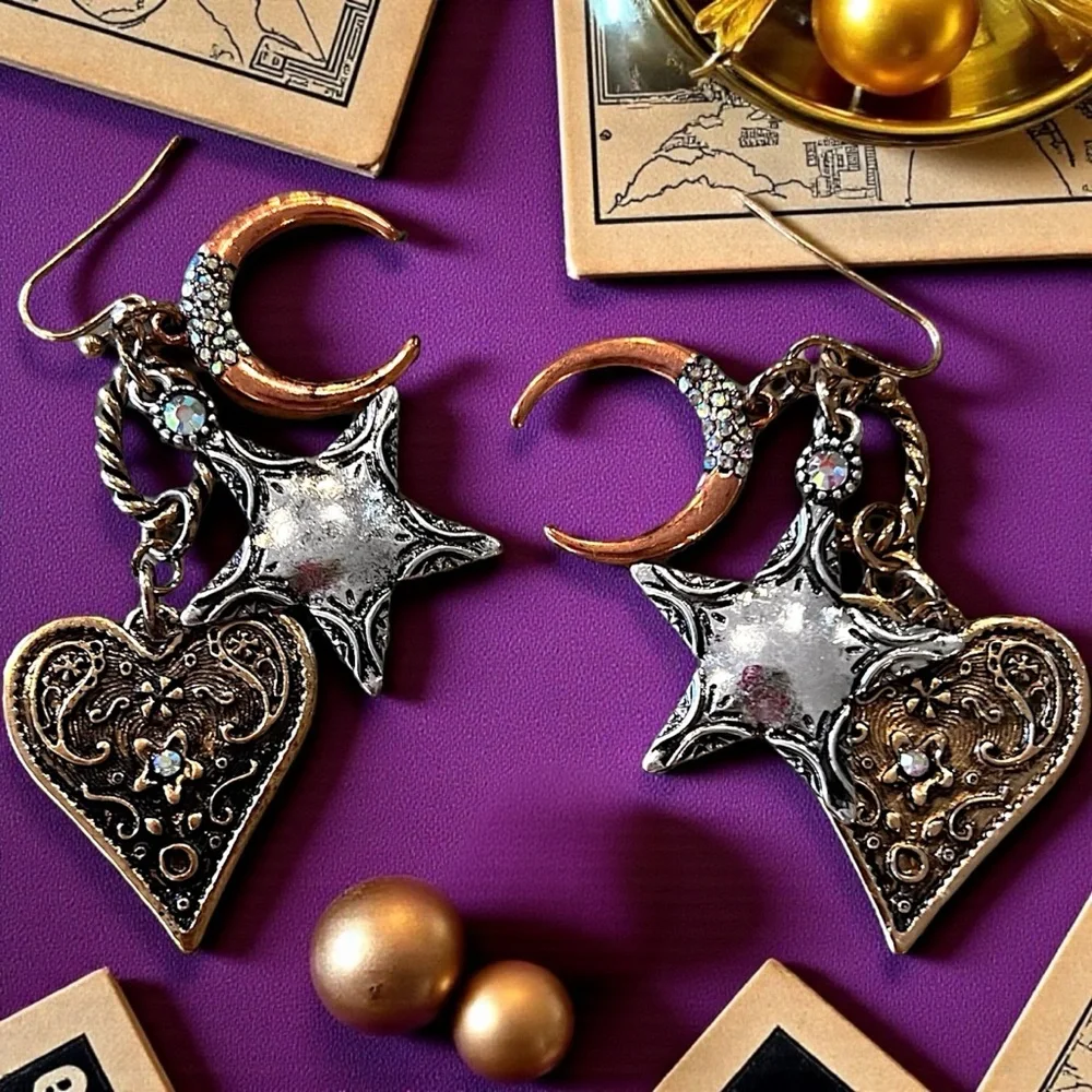 Boho Silver, Copper, and Bronze Toned Star and Heart Earrings Celestial Witchy